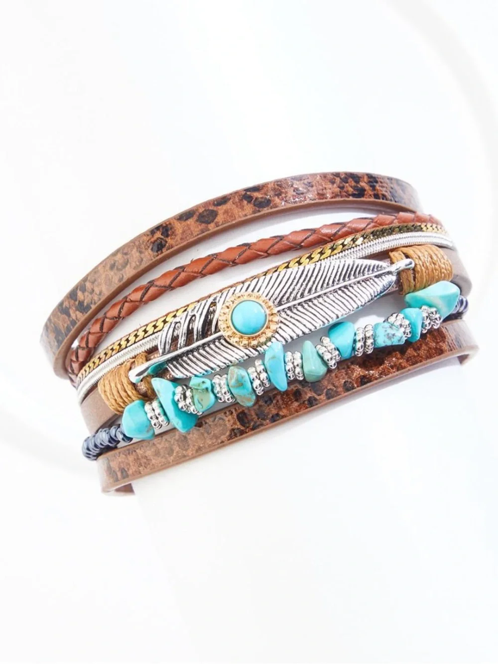 NWT Boho Turquoise Feather Multi-Layer Bracelet - Brown & Turquoise